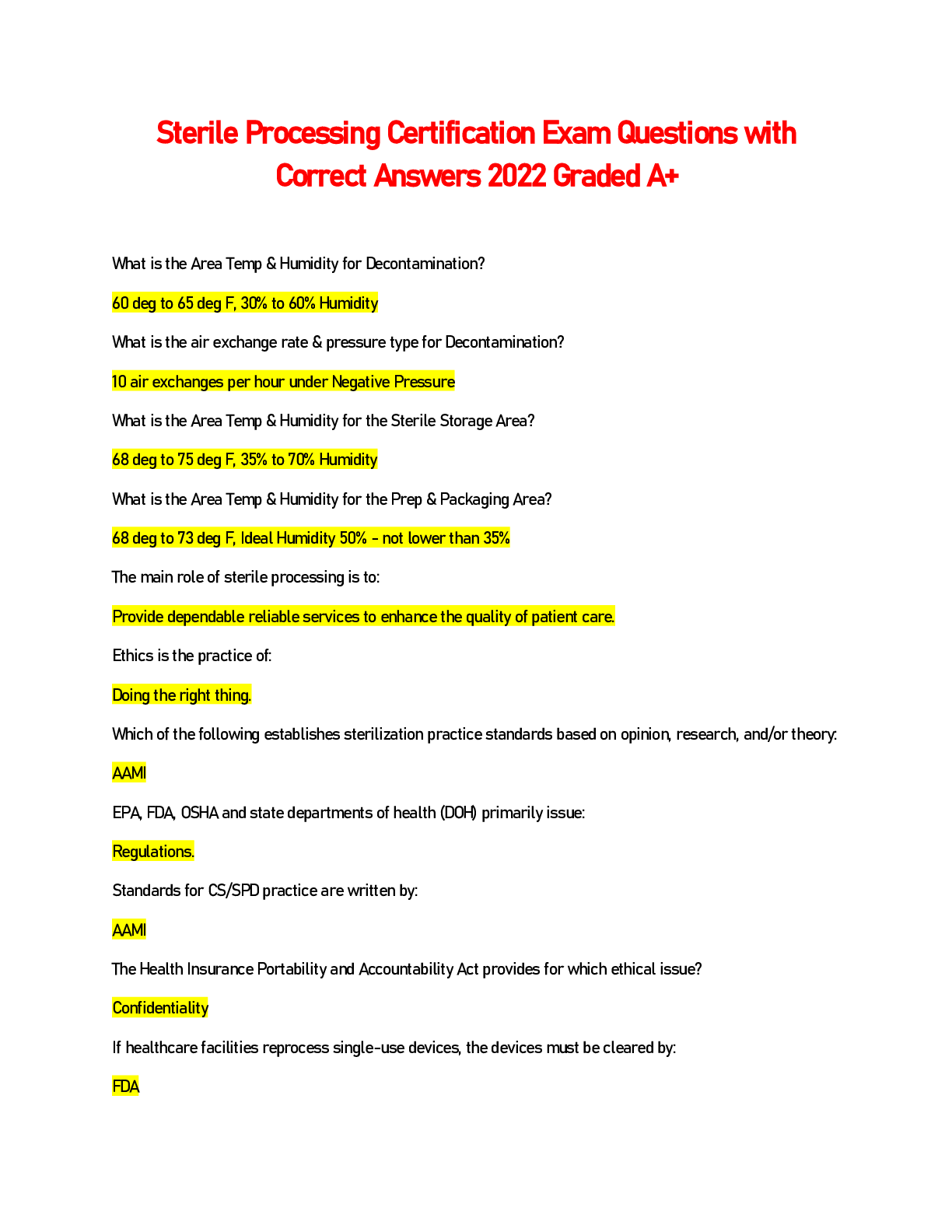 Preview of Sterile Processing Certification Exam Questions with Correct Answers 2022 Graded A+